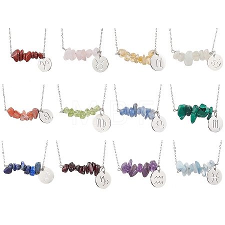 12Pcs 12 Styles Natural Gemstone & Constellation Pendant Necklaces NJEW-JN05084-1