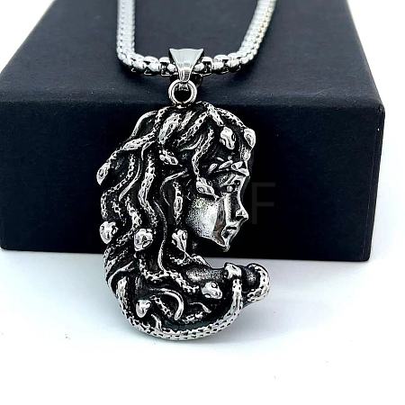 Gothic Stainless Steel Medusa Snake Pendant Necklaces for Women US5882-1