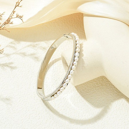 Natural Cultured Freshwater Pearl Beads and 201 Stainless Steel Hinged Cuff Bangles BJEW-JB14319-1