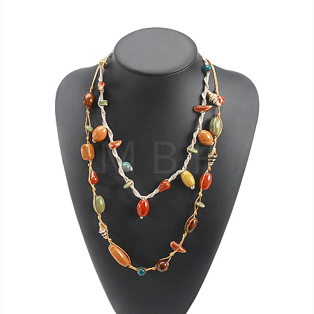 Handmade Porcelain Barrel Beads Jute Cord Double Layer Necklaces for Women WGBAB4D-01-1