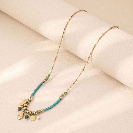 Boho 304 Stainless Steel Oval Coin Tassel & Plastic Pearl Pendant Cotton Cord Necklaces for Women WG94FE8-02-1