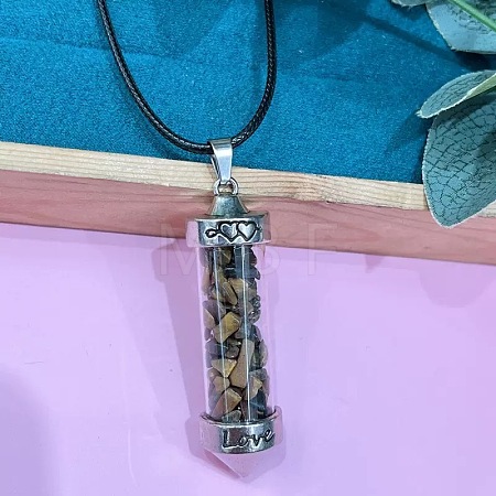 Zinc Alloy with Glass Hexagonal Bottle with Inner Natural Tiger Eye Chips Pendant Black PU Leather Cord Necklaces ZW0534-20-1
