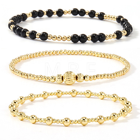 3Pcs Glass & Brass Round Beads Stretch Bracelets HD9470-4-1