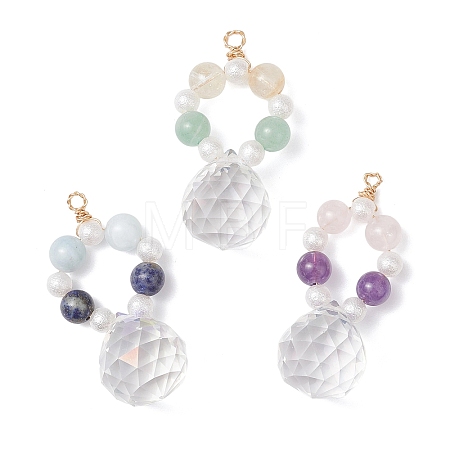 3Pcs 3 Styles Round Natural Amethyst & Dyed Quartz & Rose Quartz & Green Aventurine & Lapis Lazuli & Citrine Round Beaded Big Pendants PALLOY-JF04720-1