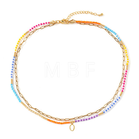 Colorful Glass Seed Beaded Initial Pendant Double Layer Necklaces QS3881-15-1