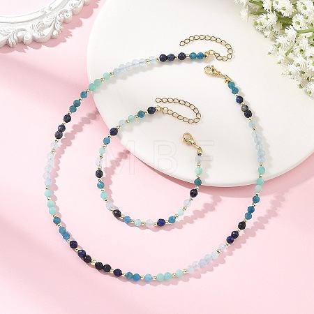 Natural White Jade & Amazonite & Apatite & Lapis Lazuli Round Beaded Necklaces and Bracelet Set SJEW-JS01382-1