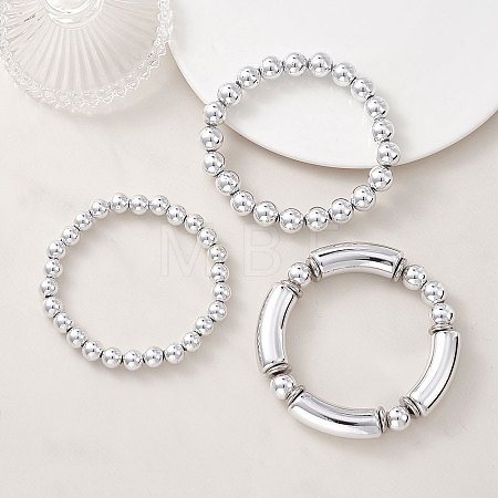 3Pcs Round & Curved Tube CCB Plastic Stretch Bracelets BJEW-JB12999-1