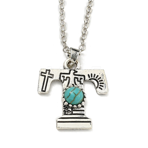 Letter A~Z Antique Silver Plated Alloy with Synthetic Turquoise Pendant Necklaces NJEW-G080-01T-1