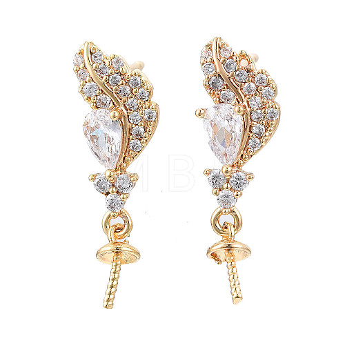 Feather Shape Brass Micro Pave Clear Cubic Zirconia Earring Findings KK-S356-435A-NF-1
