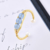 Natural Aquamarine Braided Oval Open Cuff Ring with Pearl Beaded RJEW-T026-11G-2