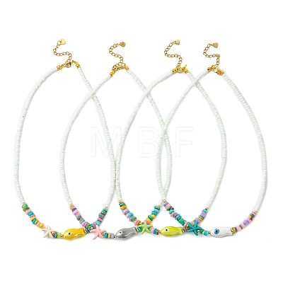 Ocean Synthetic Turquoise Starfish & Handmade Porcelain Fish & Glass Seed Beaded Necklaces for Women NJEW-JN06221-1