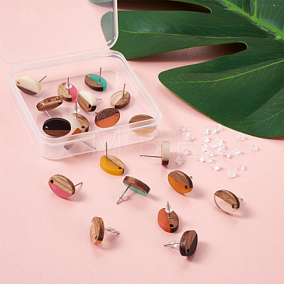 12Pairs 12 Colors Opaque Resin & Walnut Wood Stud Earring Findings MAK-CD0001-05-1