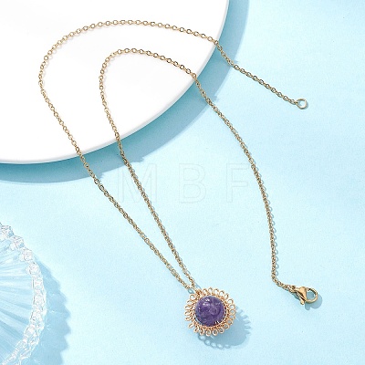 Natural Amethyst & Green Aventurine & Rose Quartz & Lapis Lazuli & Carnelian Copper Wire Wrapped Flower Pendant 304 Stainless Steel Cable Chain Necklaces for Women NJEW-JN05616-1