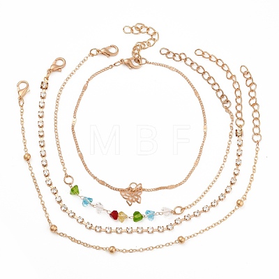 4Pcs 4 Style Alloy Chain Anklets Set with Heart Beaded and Butterfly Charm SJEW-D009-02KCG-1