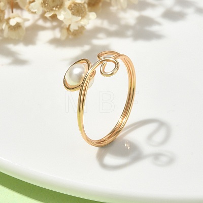 Alloy Wire Wrap Open Cuff Ring with Shell Pearl RJEW-TA00095-1