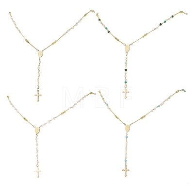Faceted Glass and Brass Rosary Bead Necklaces NJEW-JN05672-1