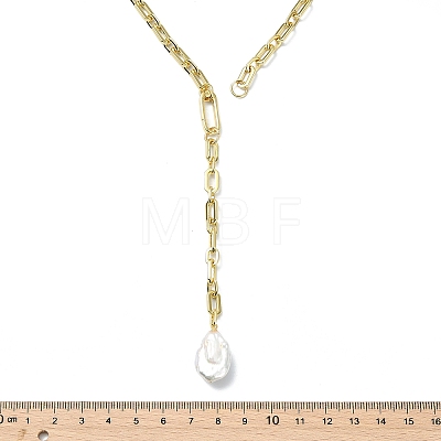 Adjustable Natural Baroque Keshi Pearl Teardrop Pendant Brass Lariat Necklaces NJEW-JN06205-1