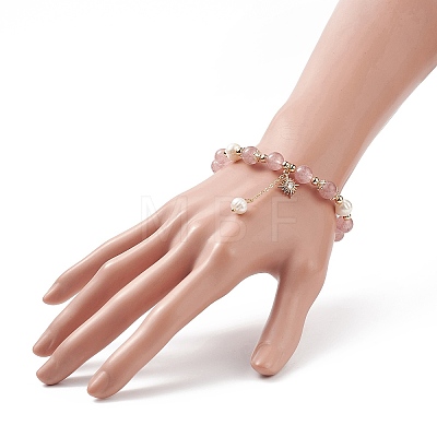 Natura Strawberry Quartz & Pearl Beaded Stretch Bracelet BJEW-JB09004-1