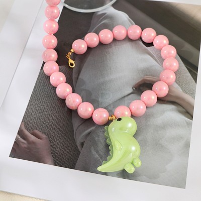 Resin Dinosaur Pendant Pink Round Beaded Necklaces for Women WG6D99C-01-1