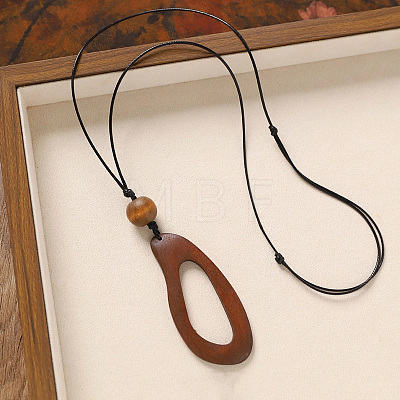 Wood Pendant Black Wax Cord Long Necklaces for Women FS-WG36920-08-1