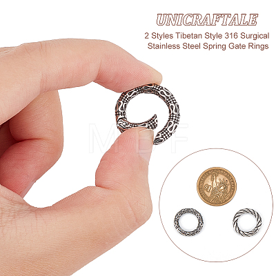 Unicraftale 2Pcs 2 Styles Tibetan Style 316 Surgical Stainless Steel Spring Gate Rings STAS-UN0049-10-1