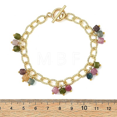 Natural Mixed Gemstone Faceted Cube Beads Tassel Brass Textured Cable Chain Bracelets for Women BJEW-JB14335-1