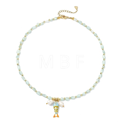 Brass Enamel Fish and Natural Pearl Rice Pendant Natural Glass Nuggets Beaded Necklaces for Women NJEW-JN06357-03-1