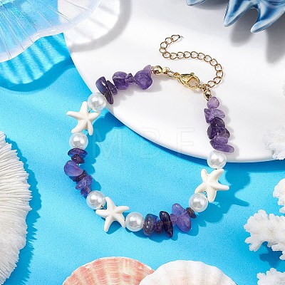 Starfish Synthetic Turquoise & Natural Mixed Gemstone Chip Beaded Bracelets for Women BJEW-JB11264-1