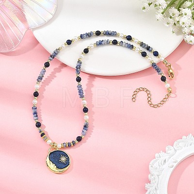Brass Enamel Moon Sun Pendant Round Natural Lapis Lazuli and Rondelle Blue Spot Jasper Beaded Necklaces for Women NJEW-JN06691-1