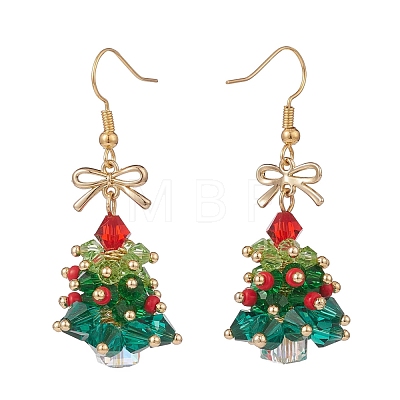 Glass Christmas Tree with Bowknot Dangle Earrings EJEW-TA00104-1