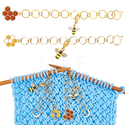 2Pcs 2 Style Bees & Honeycomb Alloy Enamel Beaded Knitting Row Counter Chains HJEW-AB00687-1