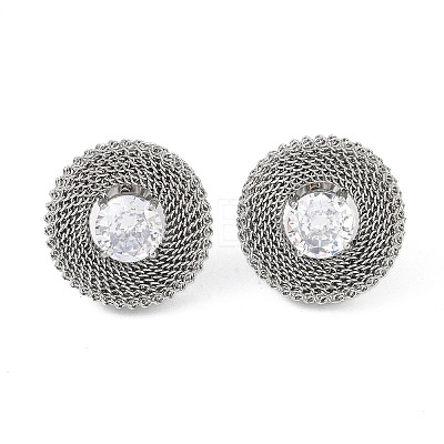 304 Stainless Steel Pave Cubic Zirconia Twisted Chain Disc Stud Earrings for Women EJEW-G390-06P-01-1