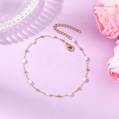 Handmade 304 Stainless Steel and ABS Plastic Pearl Oval Link Chain Anklets for Women AJEW-AN00822-1