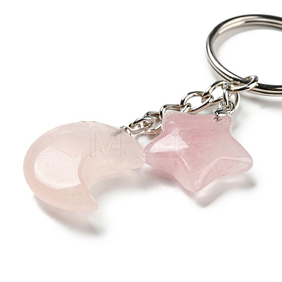 Reiki Natural Rose Quartz Moon & Star Pendant Keychains KEYC-P015-02P-04-1