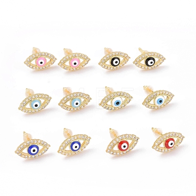 Enamel Horse Eye Stud Earrings with Clear Cubic Zirconia KK-E033-03G-1