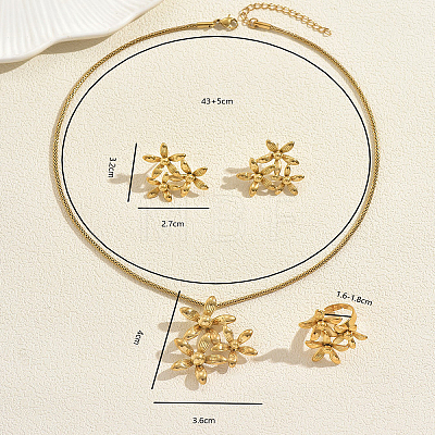 Flower Stainless Steel Stud Earrings & Pendant Necklaces & Rings Sets for Women PR9853-1