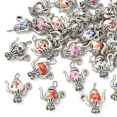 30Pcs 6 Styles Handmade Flower Printed Porcelain with Alloy Pendants PALLOY-YW00214-1