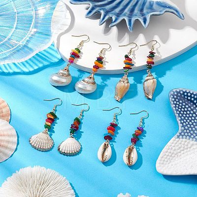 Dyed Shell & Electroplated Conch Shell Dangle Earrings EJEW-JE06061-1