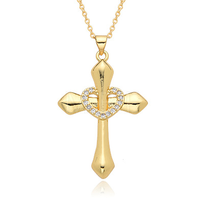 Brass Micro Pave Clear Cubic Zirconia Cross with Heart Pendant Necklaces FS-WG8523C-05-1