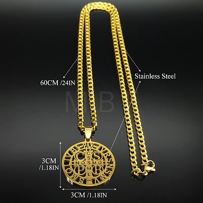 201 Stainless Steel Saint Benedict Medal Pendant Necklaces with Cuban Link Chains for Men FS-WG2A1DE-02-1