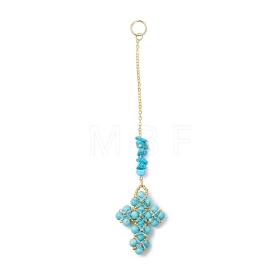 Cross Glass & Synthetic Turquoise Chips Beads Pendant Decorations HJEW-MZ00402-01-1