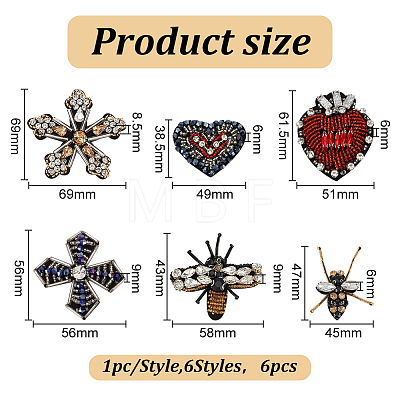 GOMAKERER 6Pcs 6 Style Bees Flower Heart Handicraft Acrylic Beaded Appliques PATC-GO0001-07-1