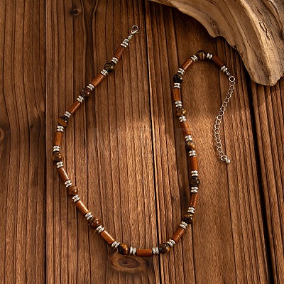 Adjustable Vintage Bohemian Men's Round Natural Tiger Eye and Column Wood Beaded Necklaces HA1225-1