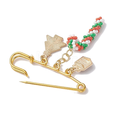 Candy Cane & Christmas Tree & Gift Glass Seed Beads & Alloy Enamel Pendant Kilt Pins JEWB-MZ00003-1