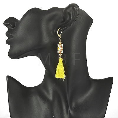 Glass Seed Braided Column with Tassel Dangle Leverback Earrings EJEW-MZ00056-1