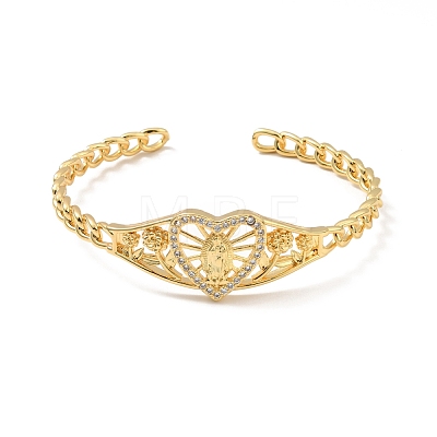 Rack Plating Brass Heart with Virgin Mary Open Cuff Bangle for Women BJEW-M227-02G-1