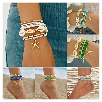 2 Bags Summer Beach Glass Seed Beaded & Natural Shell & Alloy Starfish Charm Anklet Sets AJEW-TA0003-69B-1