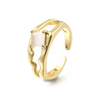 Square Brass Cat Eye Cuff Rings RJEW-G344-01G-01-1