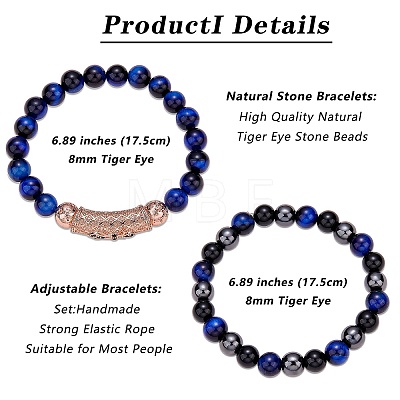 2Pcs 2 Style Natural Tiger Eye & Gemstone Stretch Bracelets Set BJEW-SW00090-1