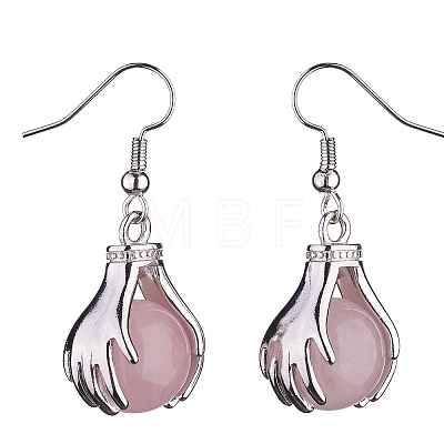 Natural Rose Quartz Palm Dangle Earrings EJEW-A092-09P-18-1